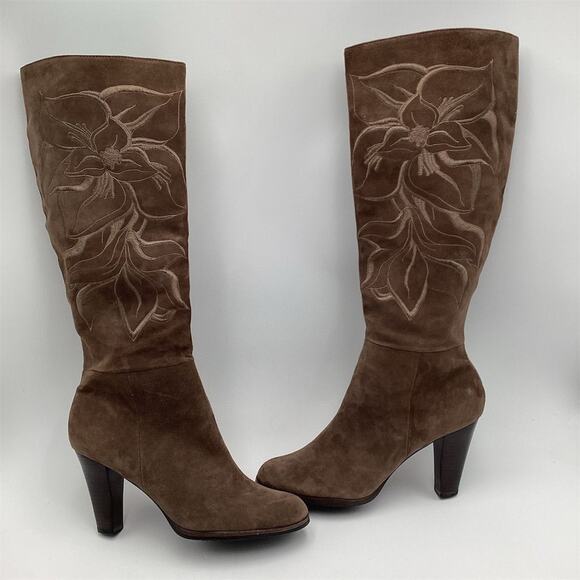 ISOLÁ Women's Brown Suede Knee High Boots Embroidered Flower Size 10M - Picture 1 of 14